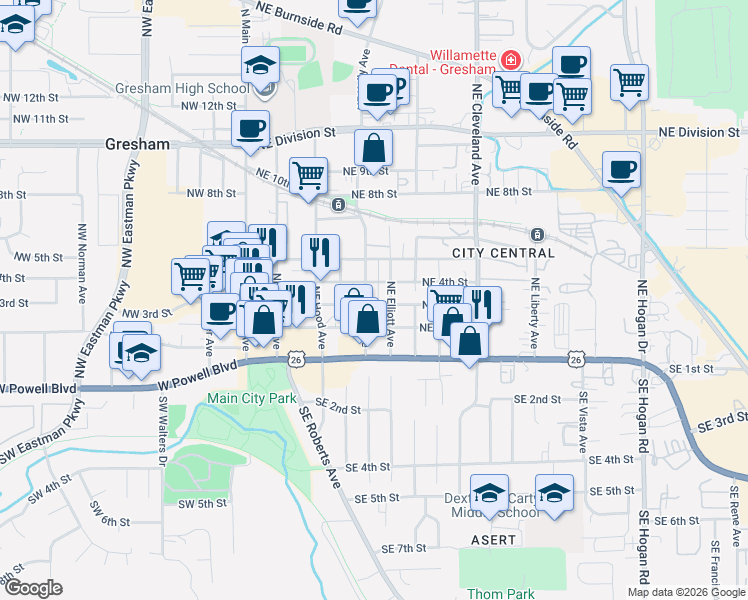 map of restaurants, bars, coffee shops, grocery stores, and more near 520 Northeast 3rd Street in Gresham