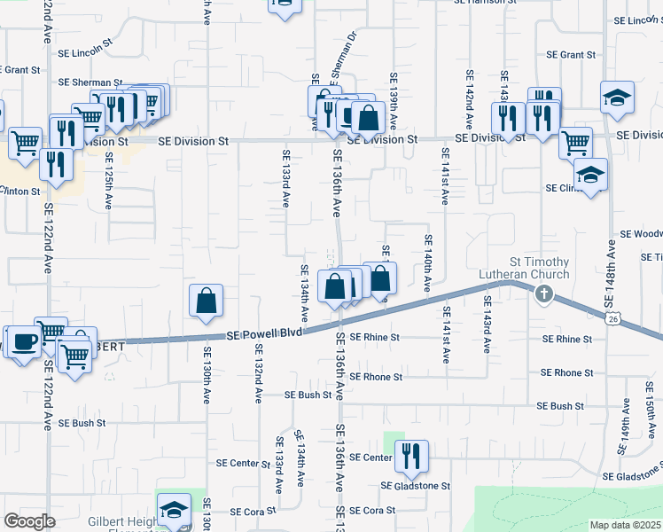 map of restaurants, bars, coffee shops, grocery stores, and more near 3134 Southeast 134th Avenue in Portland