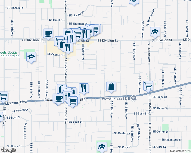 map of restaurants, bars, coffee shops, grocery stores, and more near 12717 Southeast Kelly Street in Portland