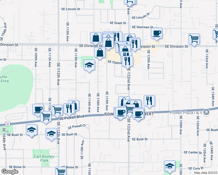 map of restaurants, bars, coffee shops, grocery stores, and more near 3119 Southeast 119th Avenue in Portland