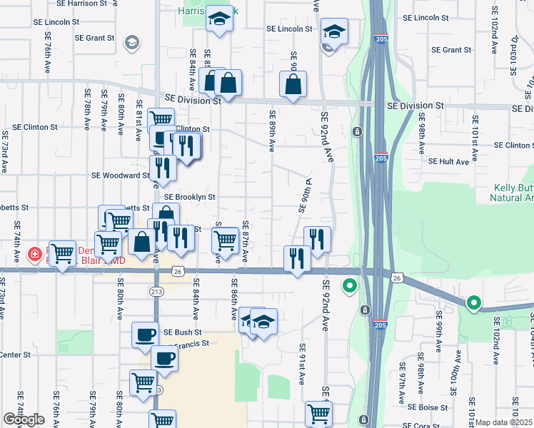 map of restaurants, bars, coffee shops, grocery stores, and more near 3107 Southeast 89th Avenue in Portland