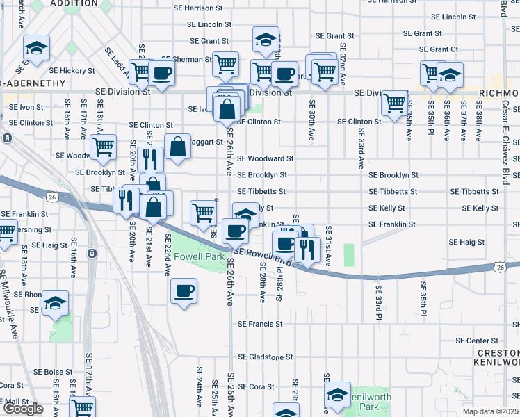 map of restaurants, bars, coffee shops, grocery stores, and more near 2704 Southeast Kelly Street in Portland