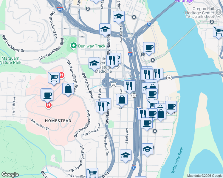 map of restaurants, bars, coffee shops, grocery stores, and more near 15 South Gibbs Street in Portland