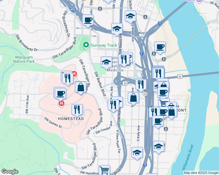 map of restaurants, bars, coffee shops, grocery stores, and more near 105 Southwest Gibbs Street in Portland
