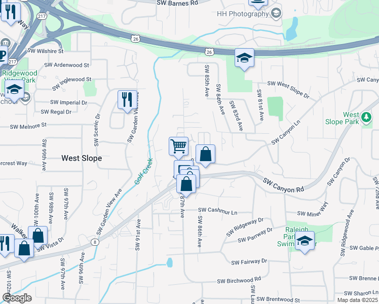 map of restaurants, bars, coffee shops, grocery stores, and more near 8657 Southwest Canyon Lane in Portland