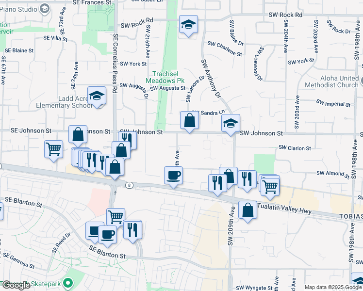 map of restaurants, bars, coffee shops, grocery stores, and more near 2800 Southwest 214th Avenue in Aloha