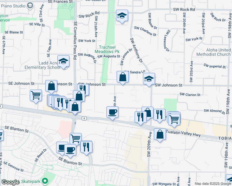 map of restaurants, bars, coffee shops, grocery stores, and more near 2800 Southwest 214th Avenue in Aloha