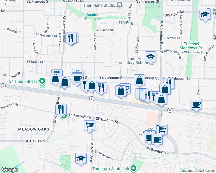 map of restaurants, bars, coffee shops, grocery stores, and more near 2796 Southeast Irwin Court in Hillsboro