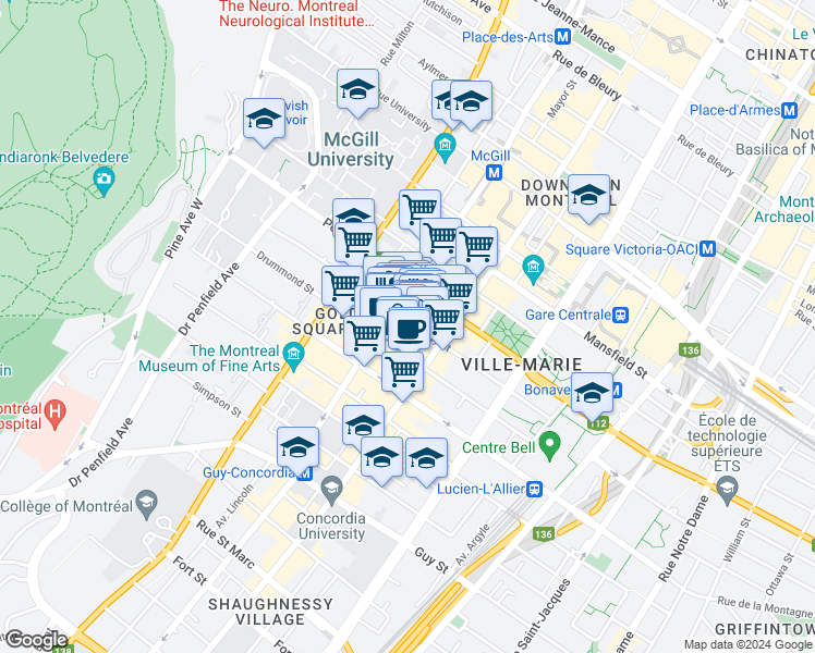 map of restaurants, bars, coffee shops, grocery stores, and more near 1500 Rue Stanley in Montréal