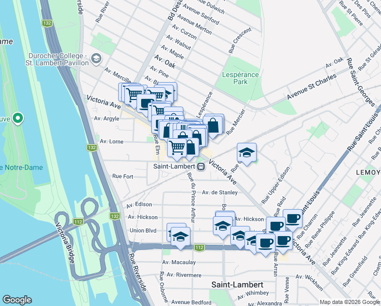 map of restaurants, bars, coffee shops, grocery stores, and more near 655 Avenue Victoria in Saint-Lambert