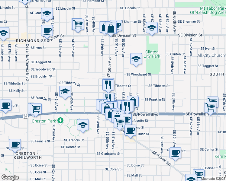 map of restaurants, bars, coffee shops, grocery stores, and more near 3212 Southeast 51st Avenue in Portland