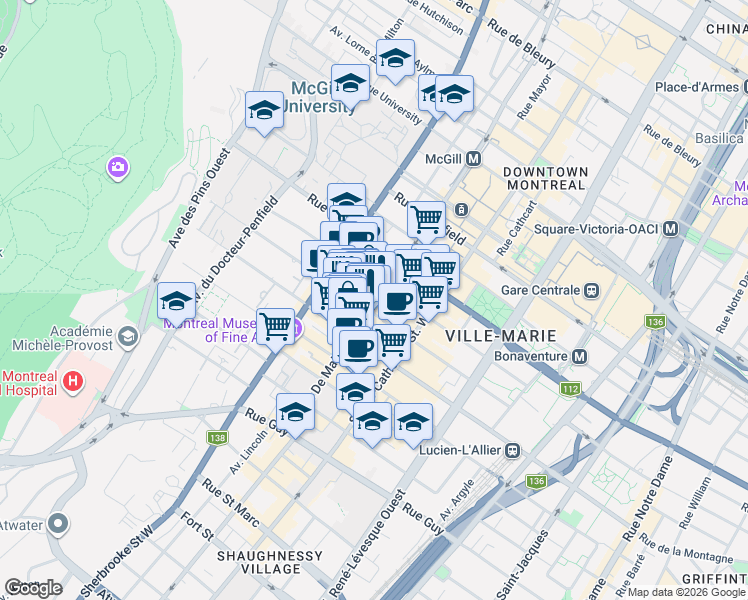 map of restaurants, bars, coffee shops, grocery stores, and more near 1210 Boulevard De Maisonneuve Ouest in Montreal