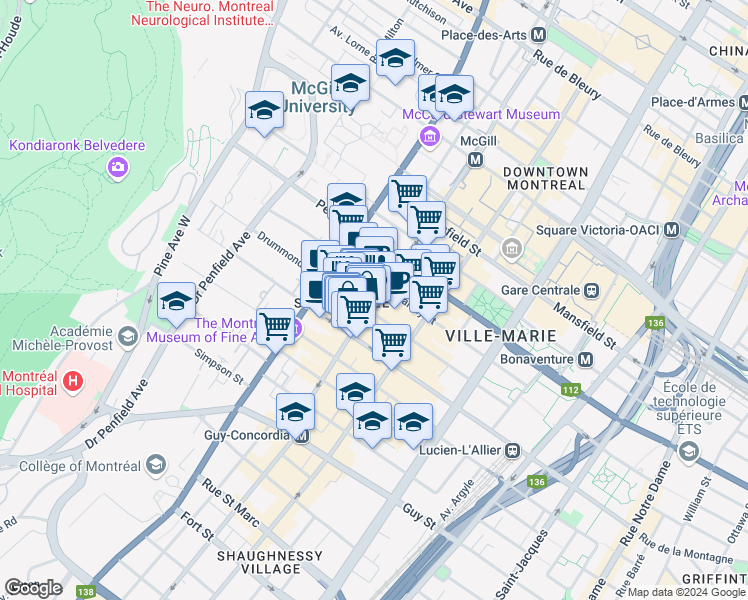 map of restaurants, bars, coffee shops, grocery stores, and more near 1210 Boulevard De Maisonneuve Ouest in Montreal