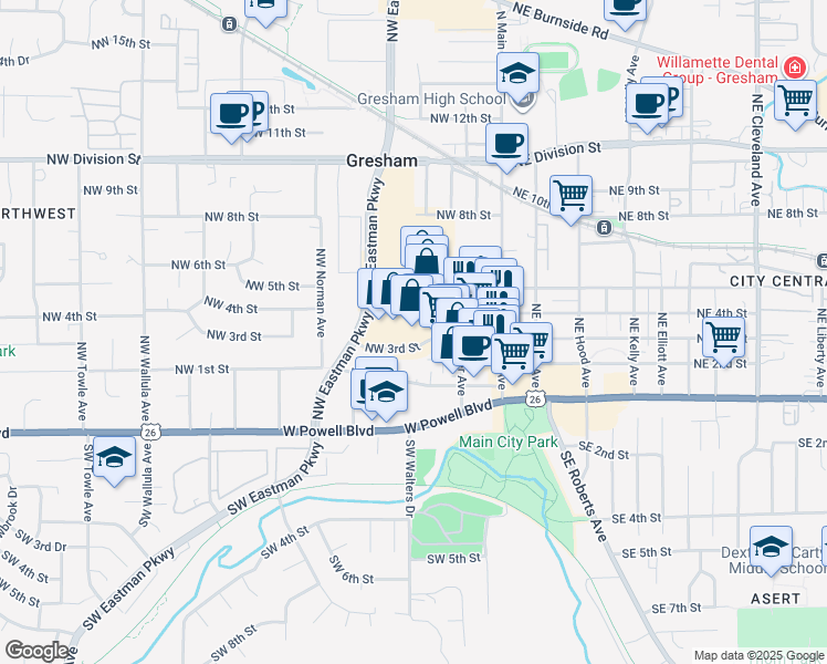 map of restaurants, bars, coffee shops, grocery stores, and more near 320 Northwest Eastman Parkway in Gresham