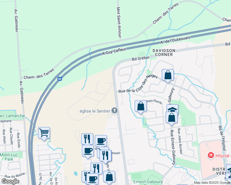 map of restaurants, bars, coffee shops, grocery stores, and more near 1534 Boulevard Gréber in Gatineau