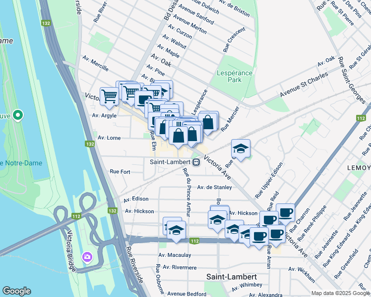 map of restaurants, bars, coffee shops, grocery stores, and more near 680 Avenue Victoria in Saint-Lambert