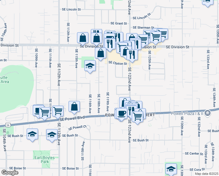 map of restaurants, bars, coffee shops, grocery stores, and more near 3119 Southeast 119th Avenue in Portland