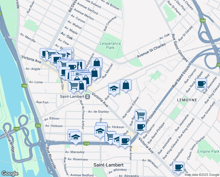 map of restaurants, bars, coffee shops, grocery stores, and more near 100 Rue Cartier in Saint-Lambert