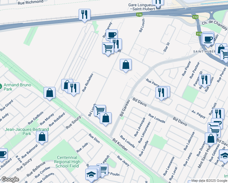 map of restaurants, bars, coffee shops, grocery stores, and more near 3655 Boulevard Losch in Longueuil