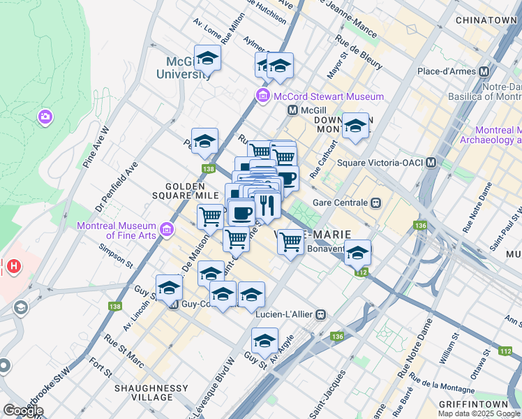 map of restaurants, bars, coffee shops, grocery stores, and more near in Montreal