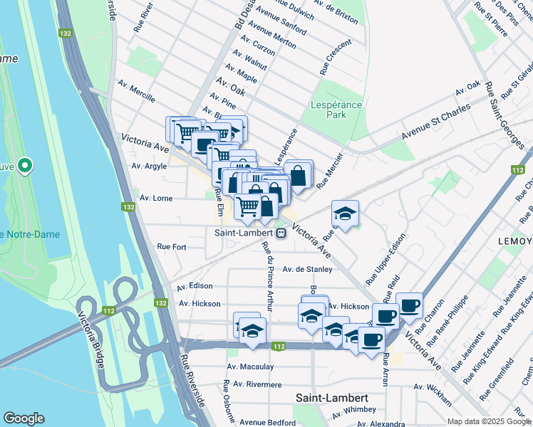 map of restaurants, bars, coffee shops, grocery stores, and more near 655 Avenue Victoria in Saint-Lambert