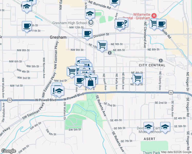 map of restaurants, bars, coffee shops, grocery stores, and more near 236 Northeast 3rd Street in Gresham