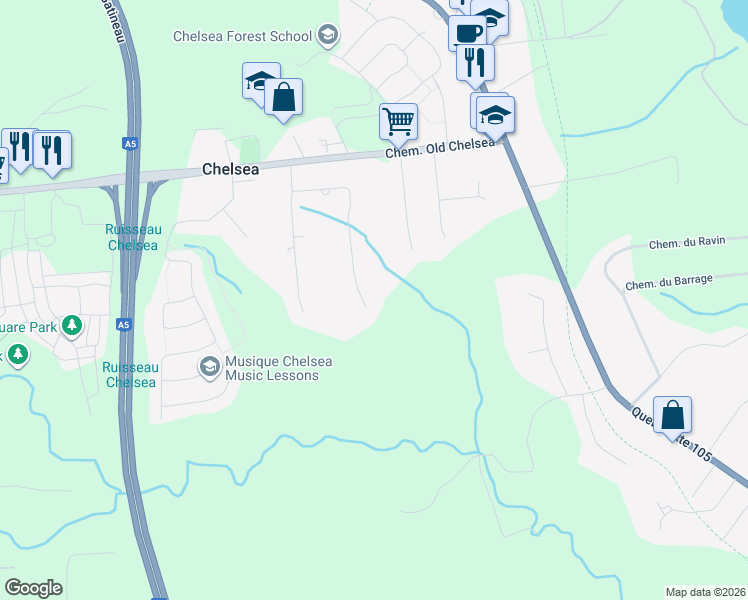 map of restaurants, bars, coffee shops, grocery stores, and more near 25 Chemin Beauséjour in Chelsea