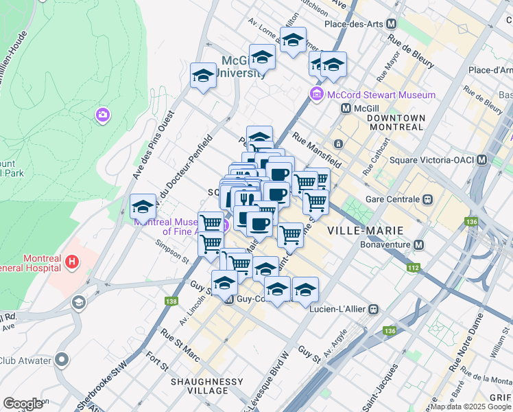 map of restaurants, bars, coffee shops, grocery stores, and more near in Montreal