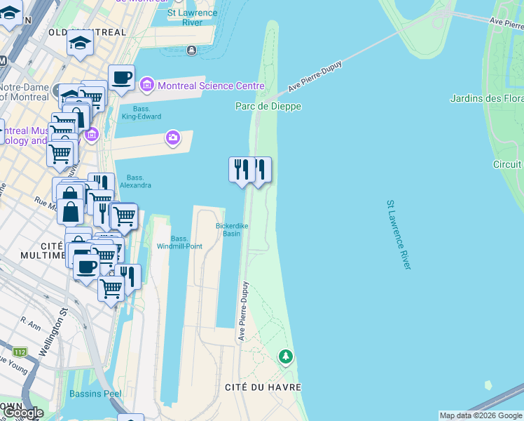 map of restaurants, bars, coffee shops, grocery stores, and more near 2600 Avenue Pierre-Dupuy in Montrã©Al