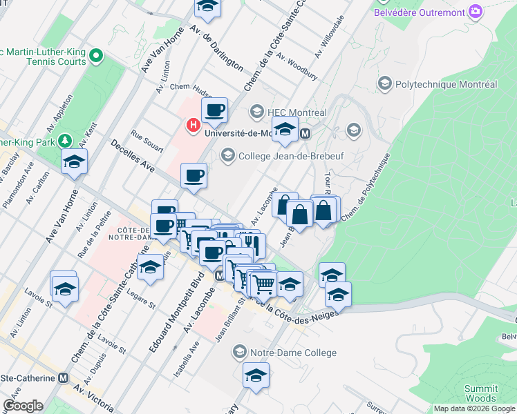 map of restaurants, bars, coffee shops, grocery stores, and more near 3215 Avenue Lacombe in Montréal