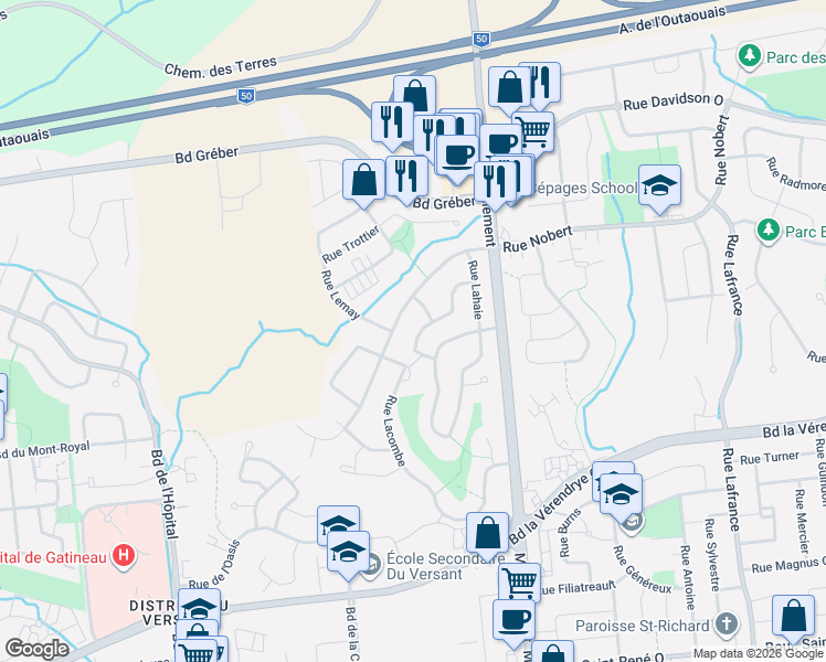 map of restaurants, bars, coffee shops, grocery stores, and more near 641 Rue Greene in Gatineau