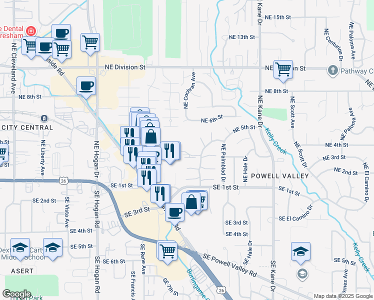 map of restaurants, bars, coffee shops, grocery stores, and more near 381 Northeast Village Squire Avenue in Gresham