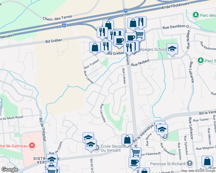 map of restaurants, bars, coffee shops, grocery stores, and more near 641 Rue Greene in Gatineau