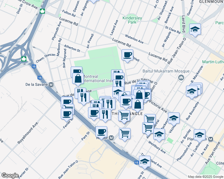 map of restaurants, bars, coffee shops, grocery stores, and more near 4950 Rue de la Savane in Montréal
