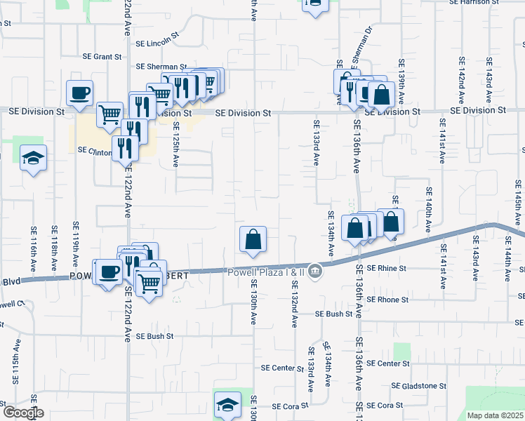 map of restaurants, bars, coffee shops, grocery stores, and more near 3044 Southeast 130th Avenue in Portland