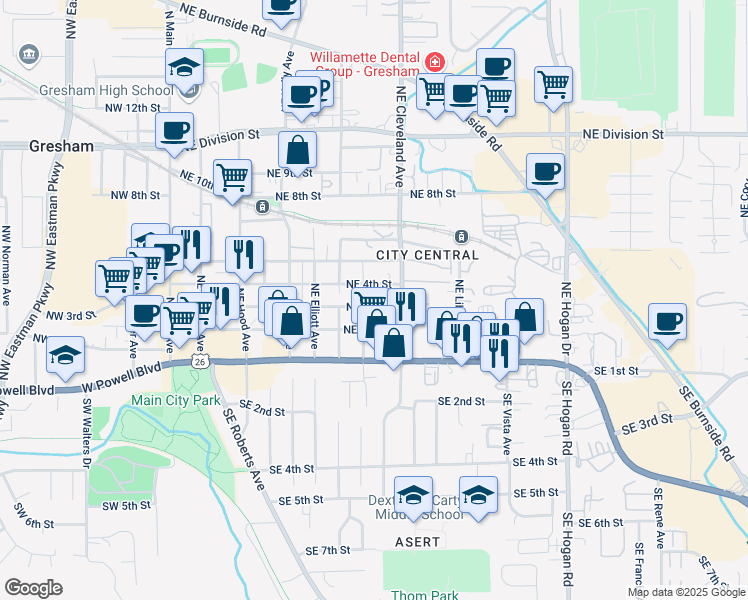 map of restaurants, bars, coffee shops, grocery stores, and more near 808 Northeast 3rd Street in Gresham