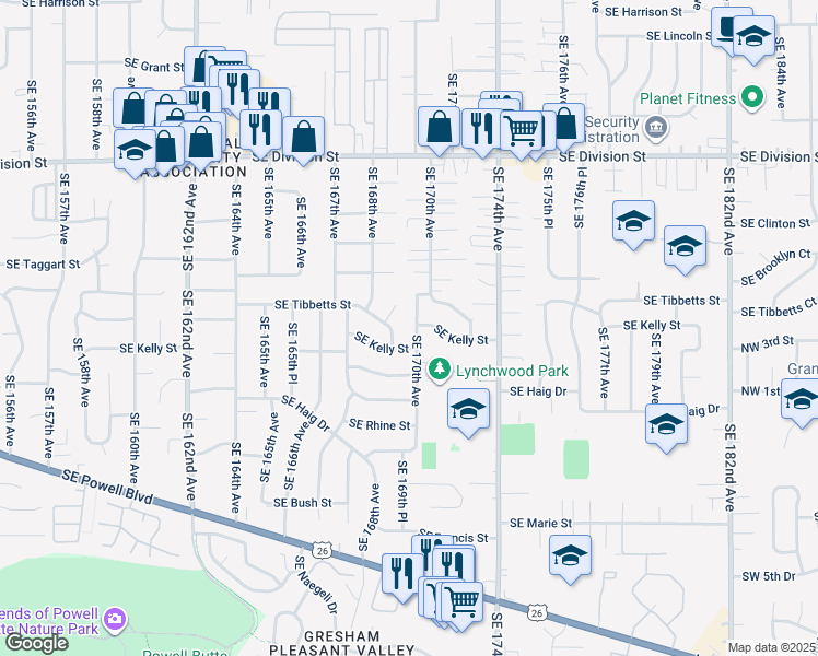 map of restaurants, bars, coffee shops, grocery stores, and more near 3136 Southeast 169th Avenue in Portland