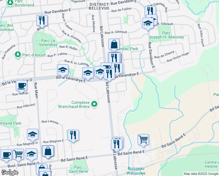 map of restaurants, bars, coffee shops, grocery stores, and more near 582 Boulevard Labrosse in Gatineau