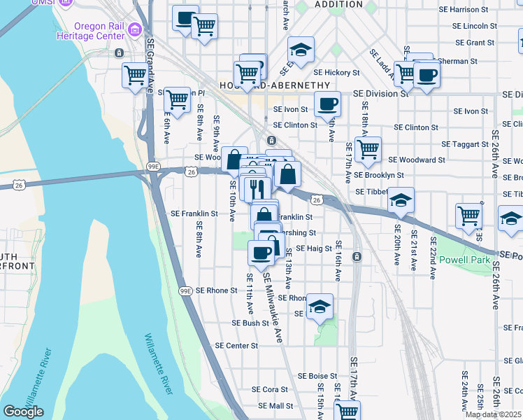 map of restaurants, bars, coffee shops, grocery stores, and more near 3260 Southeast Milwaukie Avenue in Portland