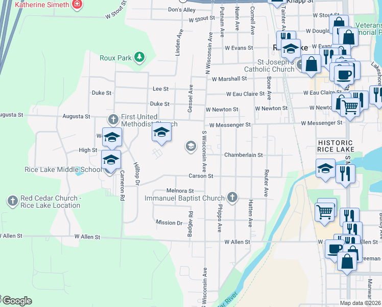 map of restaurants, bars, coffee shops, grocery stores, and more near 30 South Wisconsin Avenue in Rice Lake