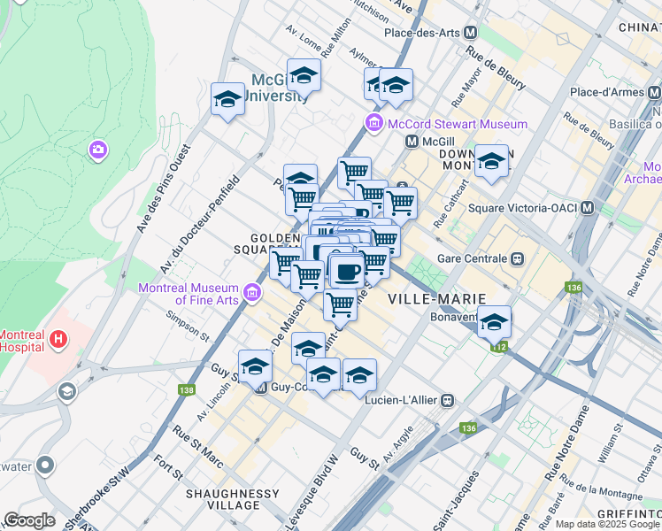 map of restaurants, bars, coffee shops, grocery stores, and more near 1200 Boulevard De Maisonneuve Ouest in Montreal
