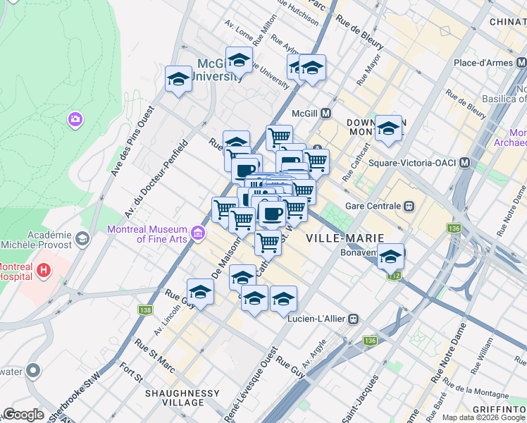 map of restaurants, bars, coffee shops, grocery stores, and more near 1200 Boulevard De Maisonneuve Ouest in Montreal