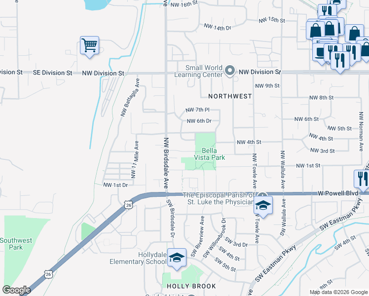 map of restaurants, bars, coffee shops, grocery stores, and more near 2110 Northwest 3rd Street in Gresham