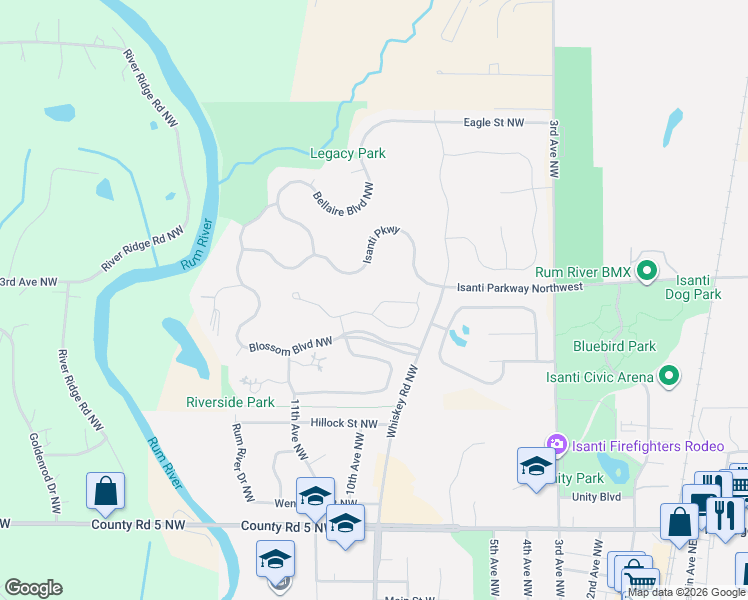 map of restaurants, bars, coffee shops, grocery stores, and more near 830 Golden Way Northwest in Isanti
