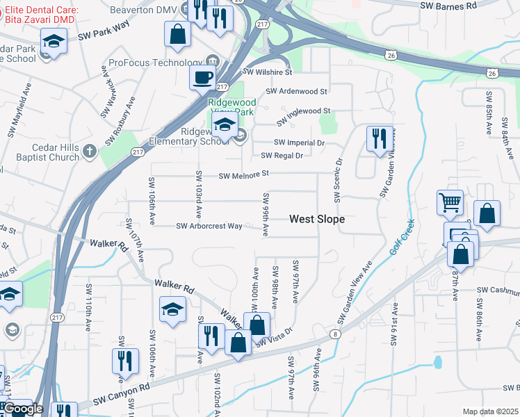 map of restaurants, bars, coffee shops, grocery stores, and more near 2785 Southwest 99th Avenue in Portland