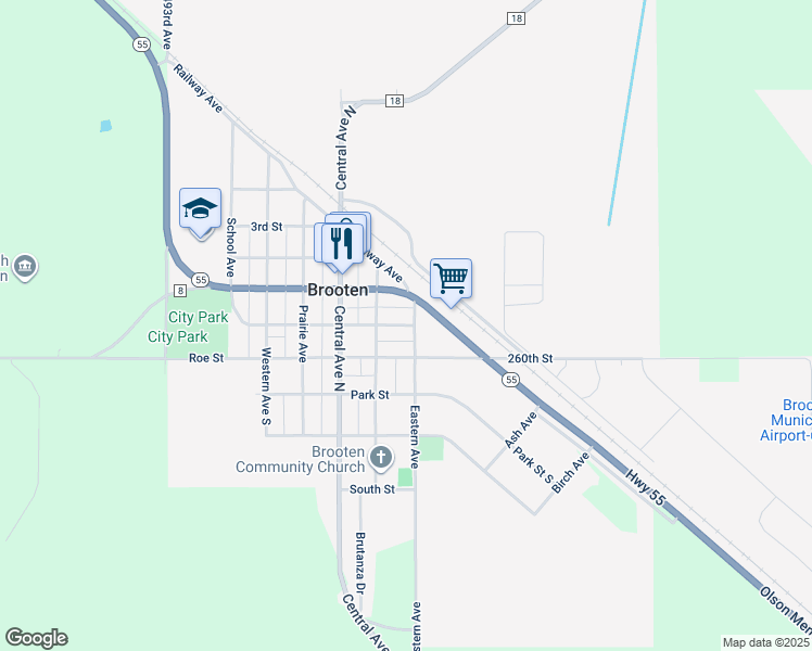 map of restaurants, bars, coffee shops, grocery stores, and more near 610 Hatton Street South in Brooten