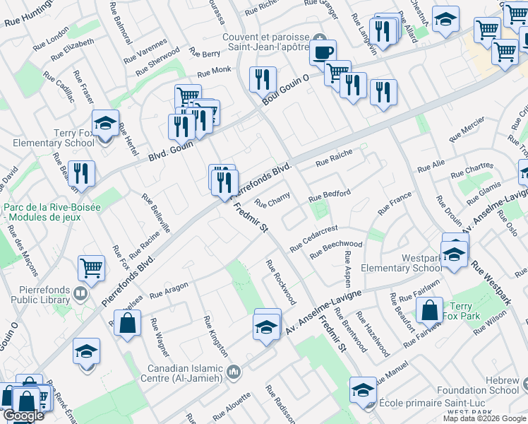 map of restaurants, bars, coffee shops, grocery stores, and more near 12804 Rue Charny in Montréal