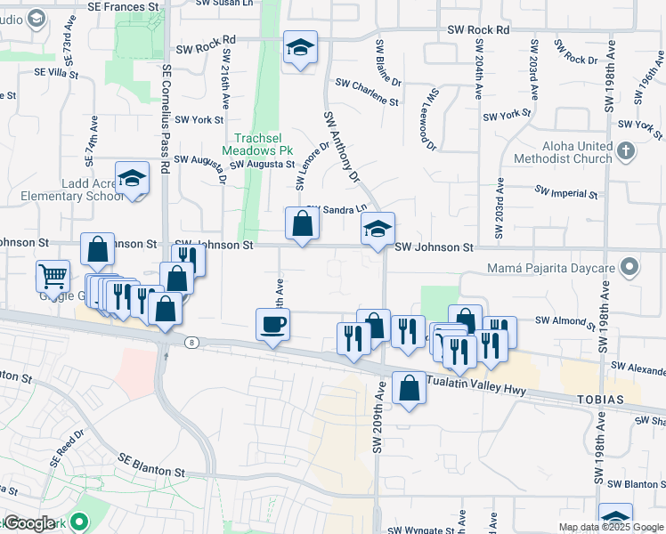 map of restaurants, bars, coffee shops, grocery stores, and more near 2695 Southwest 209th Avenue in Beaverton