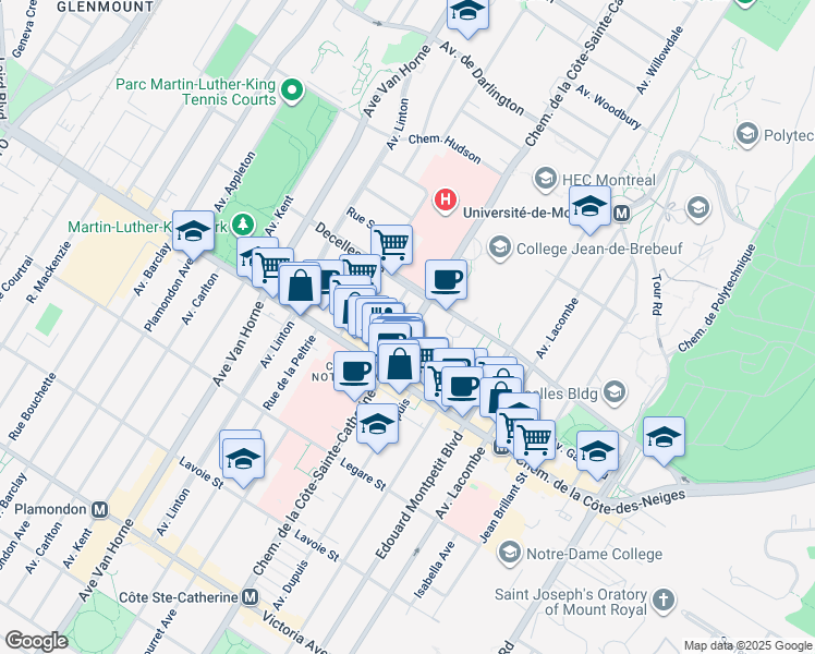 map of restaurants, bars, coffee shops, grocery stores, and more near 3405 Chemin de la Côte-Sainte-Catherine in Montreal