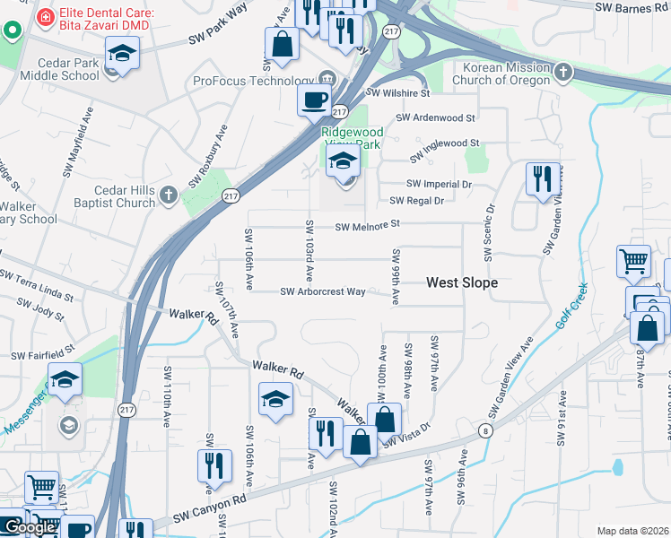 map of restaurants, bars, coffee shops, grocery stores, and more near 10200 Southwest Hawthorne Lane in Portland